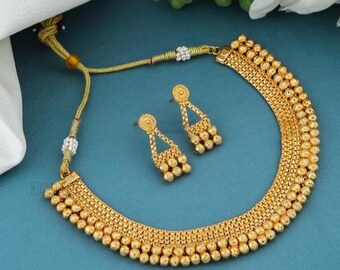 Elegant Gold Designer Golden Beads South Indian Jewelry Choker Set For women/ Southindian Gold jewelry set/ Indian Golden Necklace