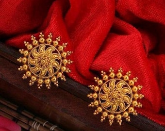 Tiny Gold Antique Stud Earrings, Matte Gold Plated Small Stud Earrings, Gold Earrings, Temple Jewelry,South Earrings, Gold Earrings