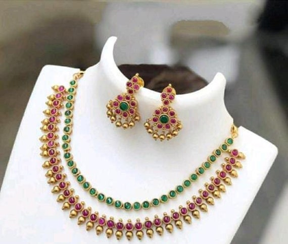 Ruby Gemstone Gold Necklace Set Kasulaperu Long Haram for Women Southindian Jewelry Set Gold Plated Coin Necklace Long Chain for Women Etsy Canada