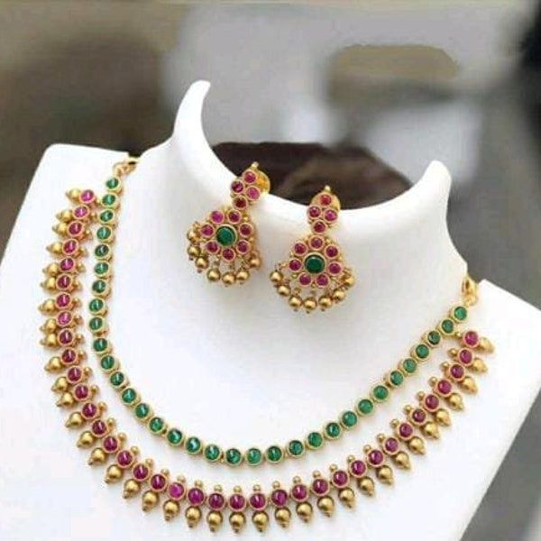 Ruby Gemstone Gold Necklace set kasulaperu Long Haram for Women/ Southindian jewelry set/ Gold plated coin necklace long chain for women