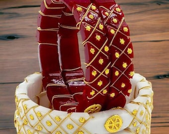 Premium Quality Pola Mota Gold Binding Bengali White Red Bangles Shakha Pola.Handmade Bangles Hindu Religion White Sakha pola Set