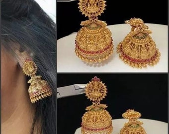 Southindian Lord Laxmi Maa Cubic Matte Finish Kundan Gold Plated Big Size Jhumka Jhumki Earrings, Gold Earrings, Temple Jewelry,South Jhumka
