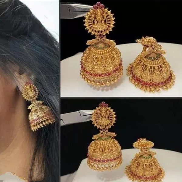 Southindian Lord Laxmi Maa Cubic Matte Finish Kundan Gold Plated Big Size Jhumka Jhumki Earrings, Gold Earrings, Temple Jewelry,South Jhumka