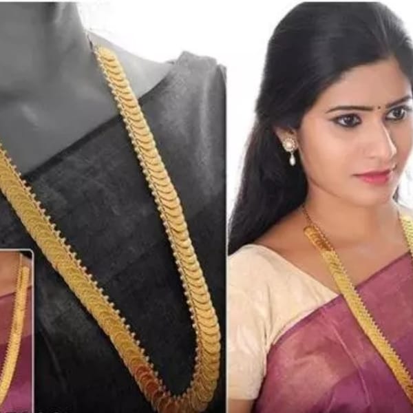 Laxmi Coin Necklace set kasulaperu Long Haram for Women/ Southindian Coin jewelry set/ Gold plated coin necklace long chain for women