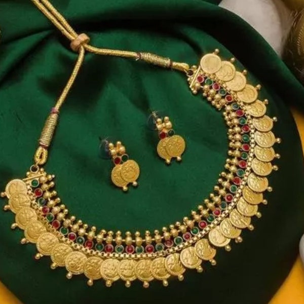 Laxmi Coin Necklace set kasulaperu Long Haram for Women/ Southindian Coin jewelry set/ Gold plated coin necklace long chain for women