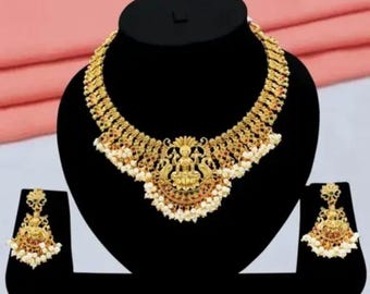 Antique Gold matte Finish Maa Laxmi  South Indian Jewelry Choker Set For women/ Southindian Gold jewelry set/ Indian God Laxmi Necklace