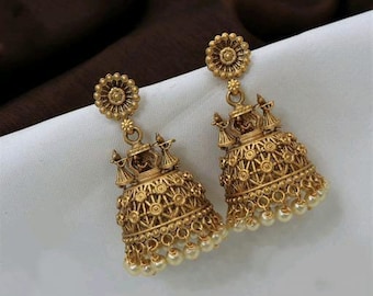 Handmade South Indian Temple Gold Plated Jhumki Baliyan Big Size Temple Jhumka Statement Earrings, Gold Earrings, Temple Jewelry, Jhumka
