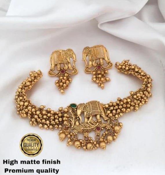 Elephant Look Antique Gold Matte Finish Green Gemstone South