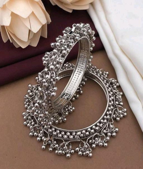 Ghungru Silver Plated Alloy Bangles/ Indian Silver Kada Set