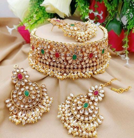 I Jewels Gold Plated Indian Wedding Choker Set - Kundan & Pearls Necklace With Earrings For Women - View #6