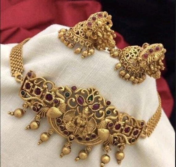 Southindian Gold plated Temple Choker Necklace Set For women/ Bridesmaid  Gift/ Southindian Bridal Jewelry set/ Temple indian Jewelry