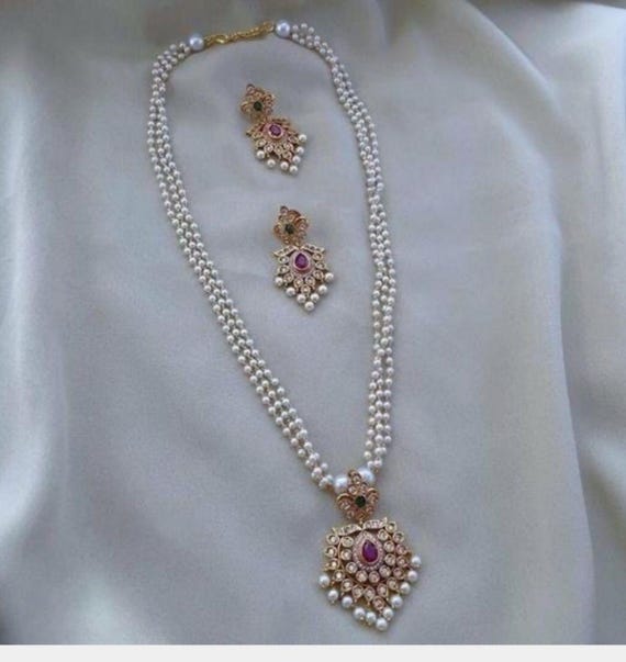 Cubic Zirconia Diamond Pearls Long Haram Necklace Set/ Wedding Gemstone  Long High Quality Beads Mala Neckpiece Set/ Southindian jewelry set