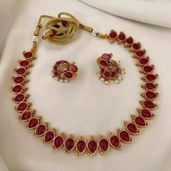 Antique Gold matte Finish Ruby Gemstone South Indian Jewelry Choker Set For women/ Southindian Gold jewelry set/ Indian God Laxmi Necklace