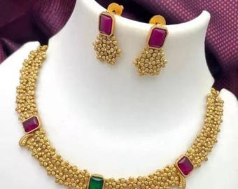 Pink- Green Stone Studded Gold flowers Look Gold South Indian Jewelry Choker Set/ Southindian Gold jewelry set/ Indian Golden Necklace