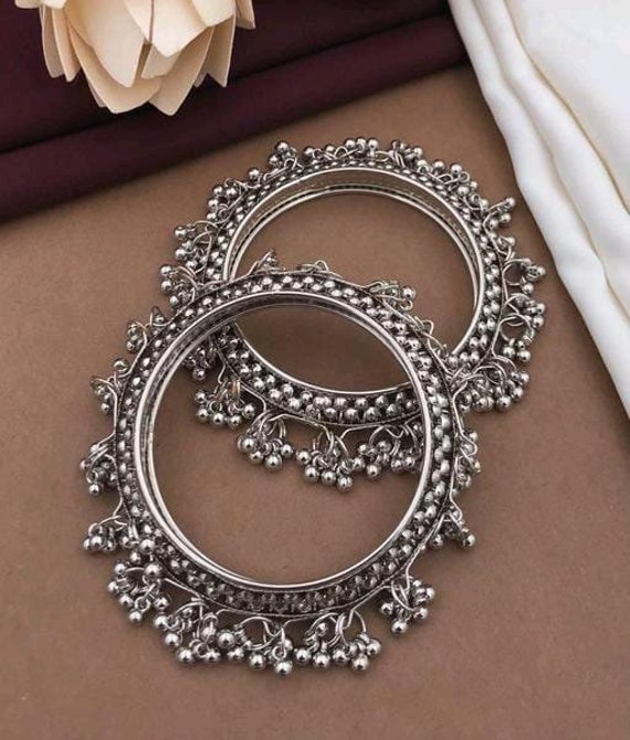 Ghungru Silver Plated Alloy Bangles/ Indian Silver Kada Set