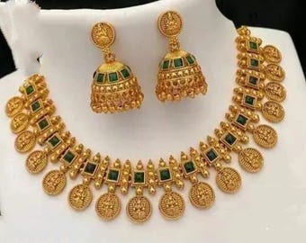 Ruby Gemstone Long Haram Antique Gold matte Finish South Indian Jewelry Choker Set / Southindian Gold jewelry set/ Indian God Laxmi Necklace