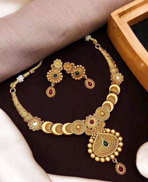 Glowzi Gold Dokiya South Indian Necklace Choker Set for Women - Main Image
