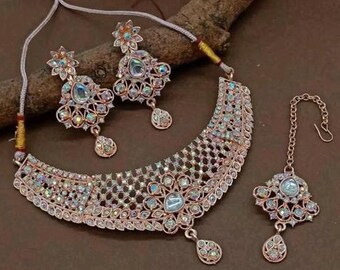 Rose Gold American Diamond Necklace Set, Cubic Zirconia Silver Necklace, Rhodium Plated Necklace With Earrings, Indian Silver Jewelry Set