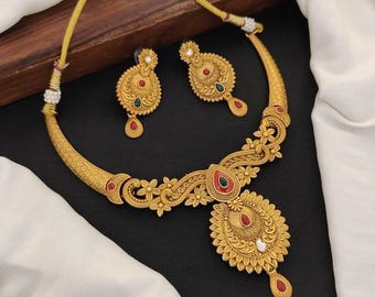 Sabyasachi Designer Gold Hasli Solid Gold South Indian Jewelry Choker Set For women/ Southindian Gold jewelry set/ Indian Golden Necklace