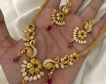 Brass Gold Designer Peacock Ruby Gemstone South Indian Jewelry Choker Set For women/ Southindian Gold jewelry set/ Indian Golden Necklace