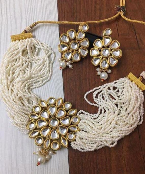 Gold Plated Chik White Kundan Pearls Jewelry Stud Set for Women Girls/  Kundan Necklace Set/ Indian Jewelry Set/ Pearls Handcrafted Jewelry