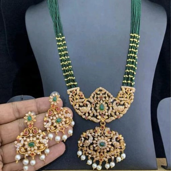 Gold Plated CZ Stone Southindian Temple Jewelry Set For women & Girls/ Indian Temple Necklace/ Southindian jewelry set/ Gold Green Necklace