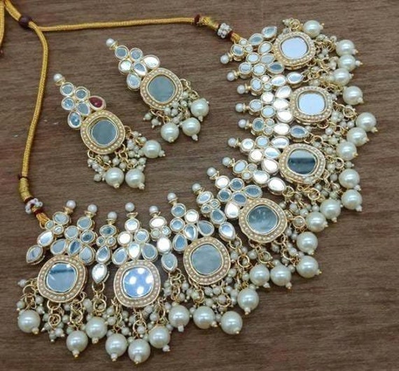 White Mirror Pearls Stud Necklace Set Indian Necklace Set