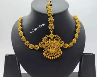 Bruids verguld mat Laxmi Zuid-Indiase tempel Maang Tikkas, sheeshpatti, Maang tikka, haaraccessoires, hoofdsieraden, lichaamssieraden