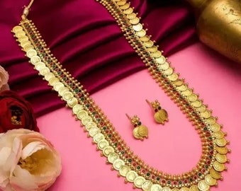 Laxmi Coin Necklace set kasulaperu Long Haram for Women/ Southindian Coin jewelry set/ Gold plated coin necklace long chain for women