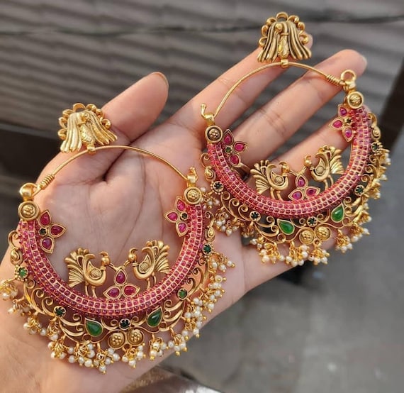 Peacock Hoop Chandbali Kundan Pearls Gold Plated Wedding