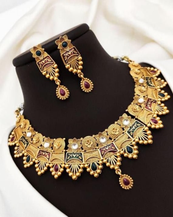 Fancy Sabyasachi Gold Necklace Indian Jewelry Handmade Necklace With Earrings Set Ethnic Jewelry Wedding Jewelry Trending Necklace Set Etsy
