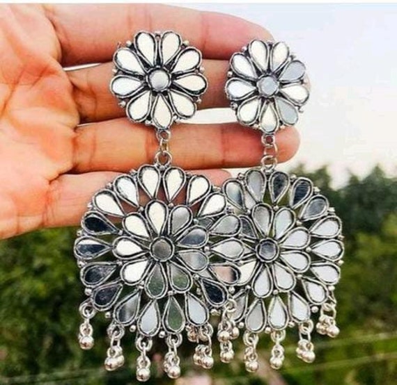German Silver Chandbali Earrings | Light Weight Oxidized silver Chandb –  Indian Designs