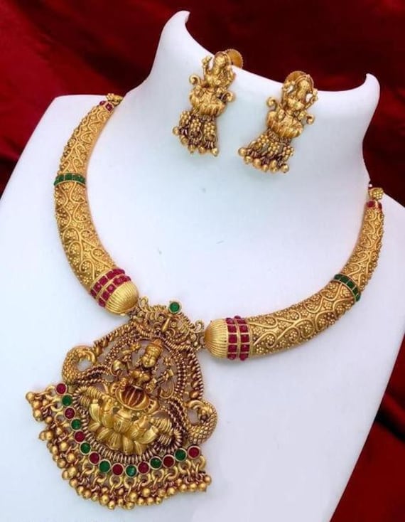 Lakshmi Style Long 1gram Gold Haar Long Necklace South Indian Bride Jewelry Set Gold Plated Necklace Set Vintage Matte Finish Jewelry