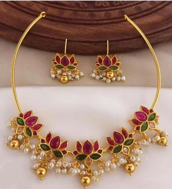 Lotus Antique Gold matte Finish Hasadi South Indian Jewelry Choker Set For  women/ Southindian Gold jewelry set/ Indian Temple Kamal Necklace