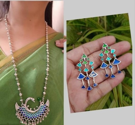 Indian Silver Plated Blue Oxidized Necklace Set/ Indian Women