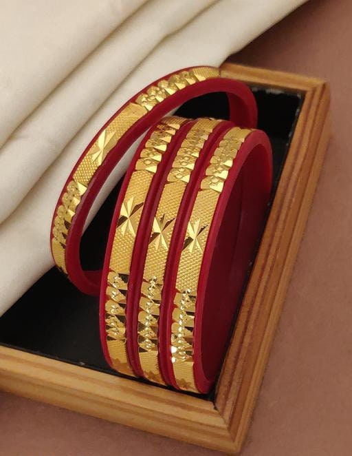 Bengali Red Bangles Shakha With Gold Binding Bangles