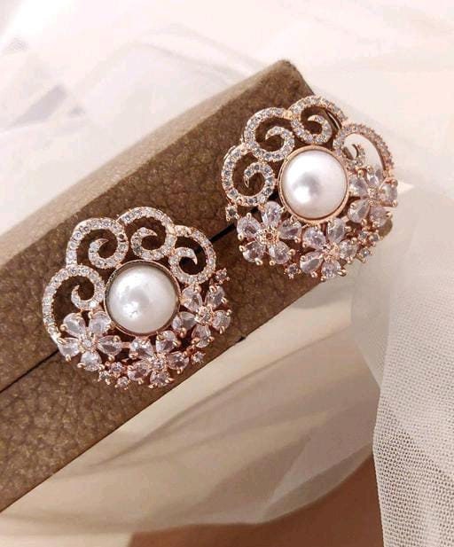 Rose Gold Silver Diamond Stud Tinny Pearls Earrings, Indian