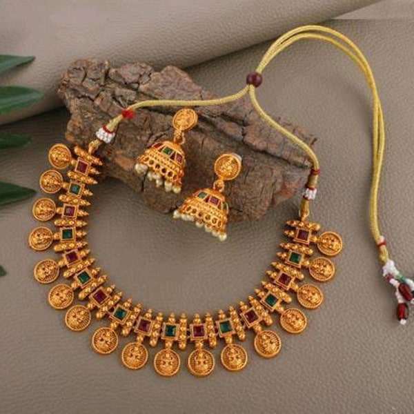 Laxmi Coin Necklace set kasulaperu Chik Choker Set for Women/ Southindian Coin jewelry set/ Gold plated coin necklace long chain for women