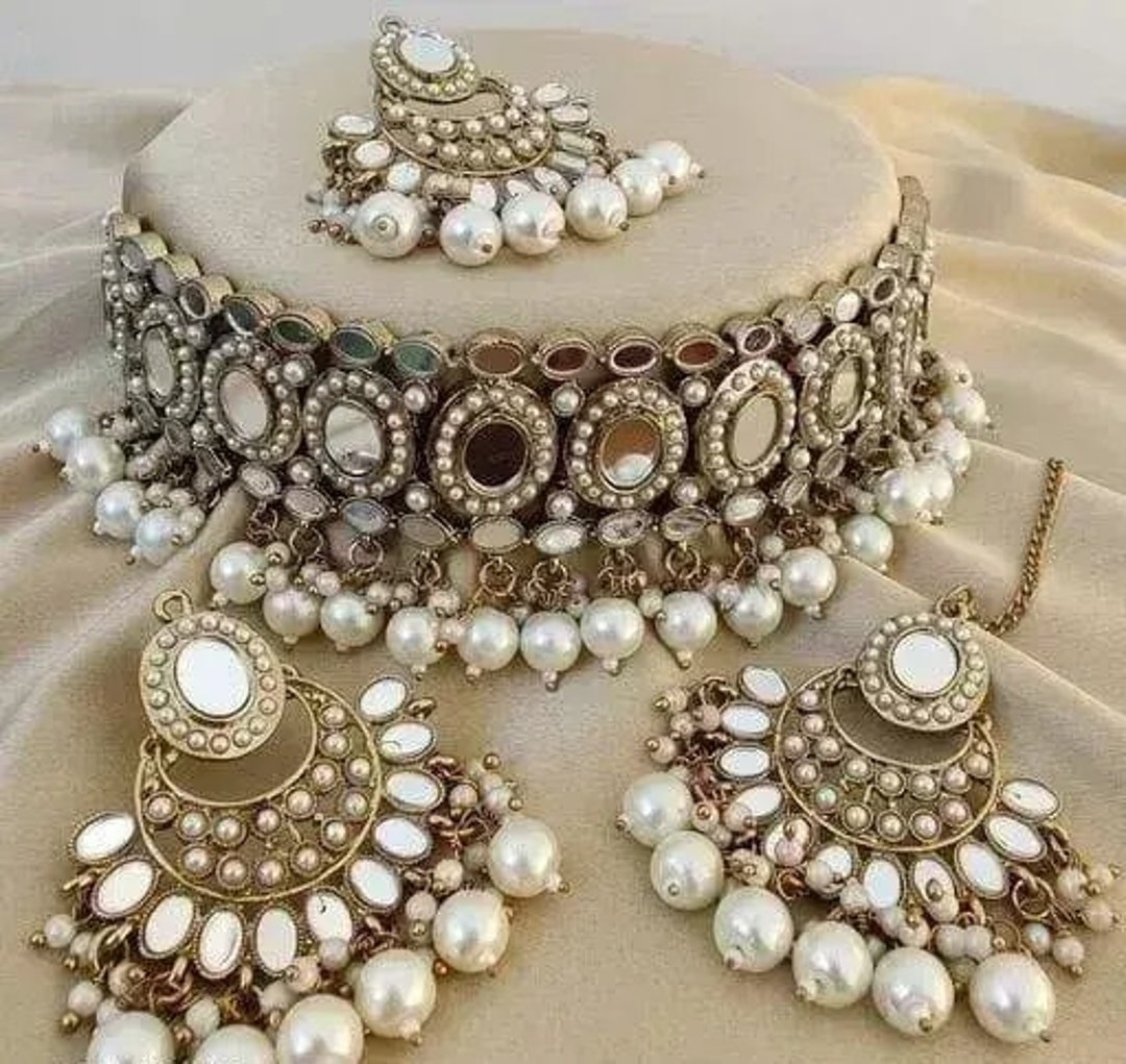 Indian Kundan Pearl Choker Jewelry Set/ Mirror Jewelry/ Emerald Green