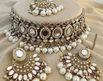Indian Kundan Pearl Choker Jewelry Set/ Mirror Jewelry/ Emerald Green Choker/Indian Bridal Jewelry Set/ Wedding Pakistani Jewelry
