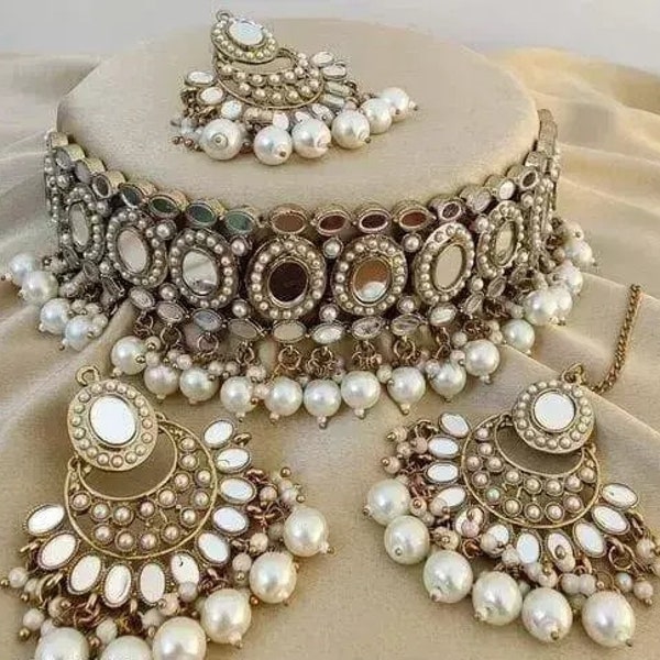 Indian Kundan Pearl Choker Jewelry Set/ Mirror Jewelry/ Emerald Green Choker/Indian Bridal Jewelry Set/ Wedding Pakistani Jewelry