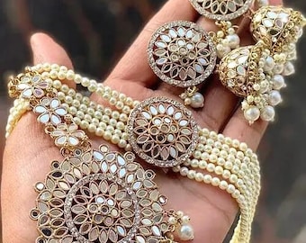 Indian Kundan Pearl Choker Jewelry Set/ Mirror Jewelry/ Wedding Bridal Statement Choker/Indian Bridal Jewelry Set/ Wedding Pakistani Jewelry