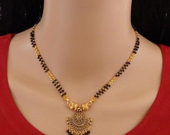Beads Gold Plated Stylish Bollywood Celebrity Look Mangalsutra, Suhagan Necklace Set, Black Beads Golden Pendant Necklace Set With Stud