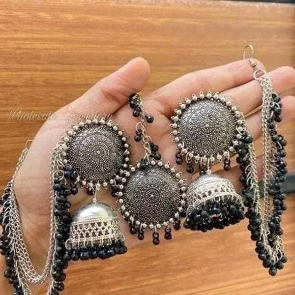 Kashmiri tribal Women Oxidised bahubali Earrings Mangtika Set for women/ Oxidised indian jewelry set/