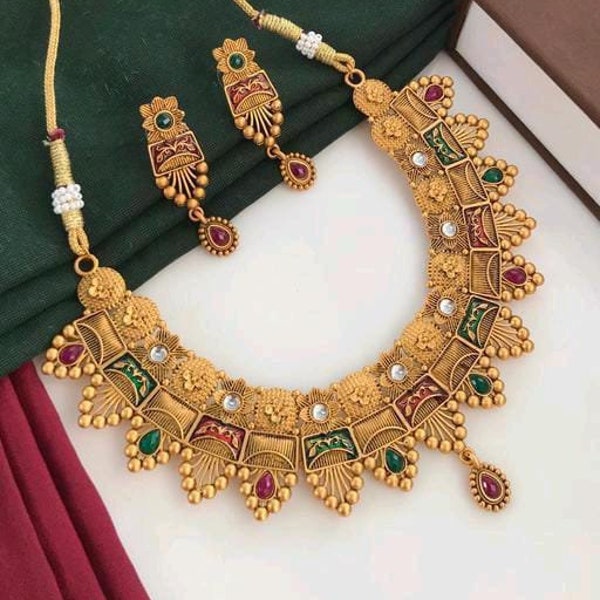 Antique 22k Gold Plated Necklace set Bollywood Jewelry Women/ Southindian Coin jewelry set/ Gold plated coin necklace long chain for women