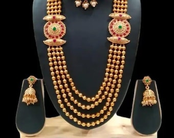 Fancy Rani Haar Long Red & Green Long Necklace Set, Long Maala Set, Wedding Jewelry Set, Indian Jewelry, Gold Necklace Set, Gift For Her