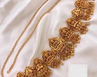 Matte Finish South Indian Designer Temple Vaddanam, Gold Plated Hip Belt, Saree Kamarbandh, Bollywood Pearls Hip Belt, Adjustable Waist Belt