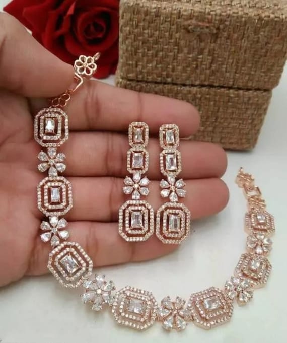 American Diamond Rose Gold Plated Choker Necklace Set With