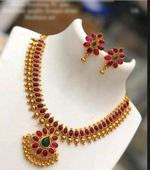 Ruby Gemstone Gold Necklace Set Kasulaperu Long Haram for Women