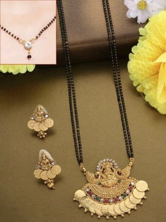Buy Black Beaded Laxmi Coin Gold Long Double Line Mangalsutra